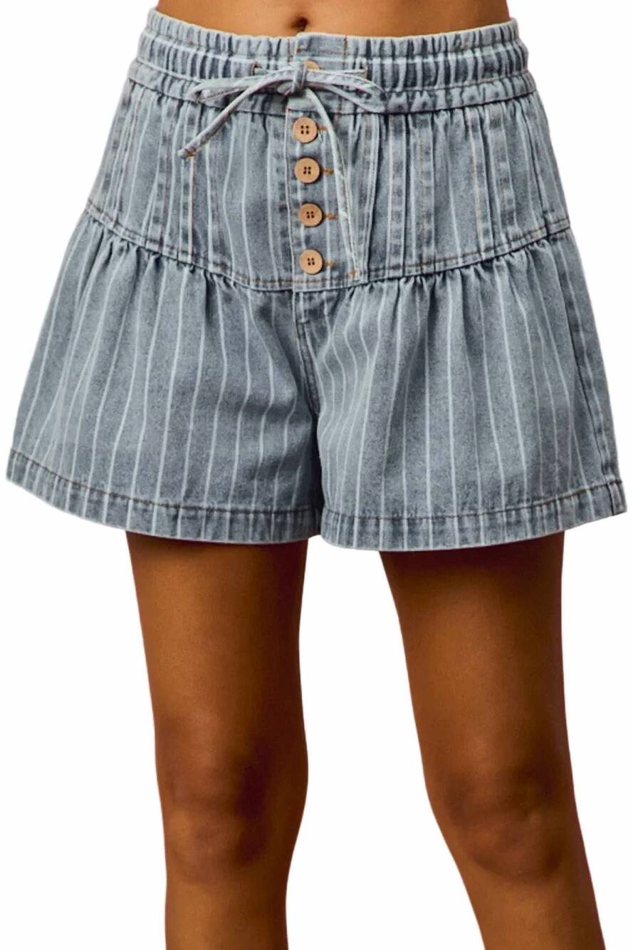 NEW SO ME stripe flared pintuck detail denim shorts in blue